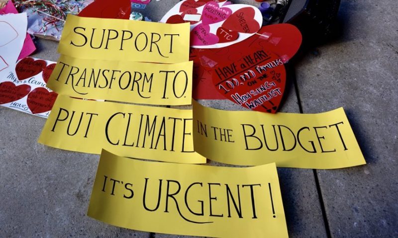 Yellow signs on foloor that say Support, Transform to Put Climate in the Budget. It's urgent