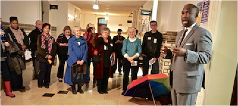 Image: Councilman Derek Green (right),a public banking advocate, addresses local lobbyists at Philadelphia City Hall on Lobby Day (Rita in blue and Pamela in teal). Photo: Stanley Shapiro.