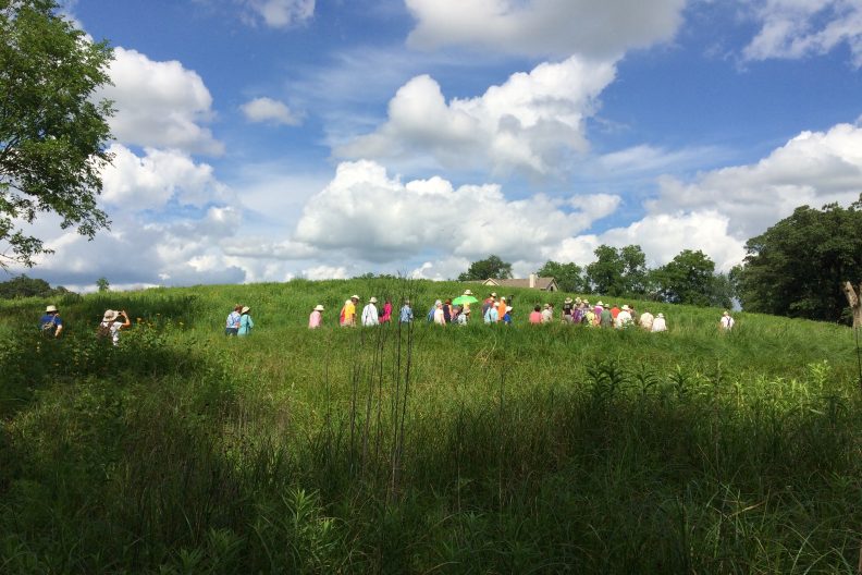 Green Prairie with a dozen people walking in a line in the distance through the field. Blue sky and clouds