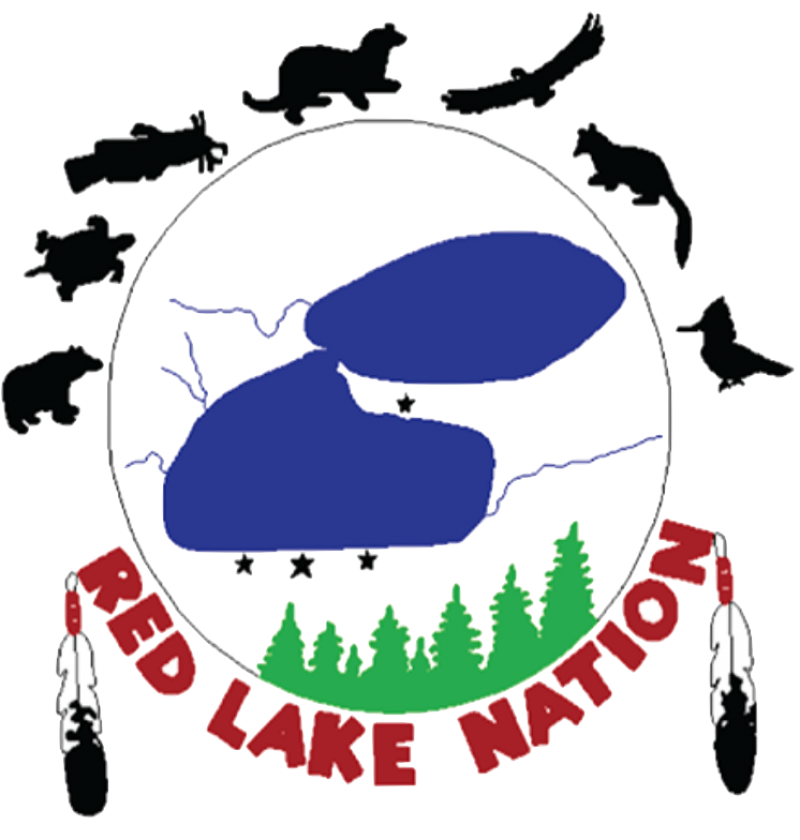 Drawing of bodies of water, trees and animal silhouettes along the top with words "Red Lake Nation" at bottom