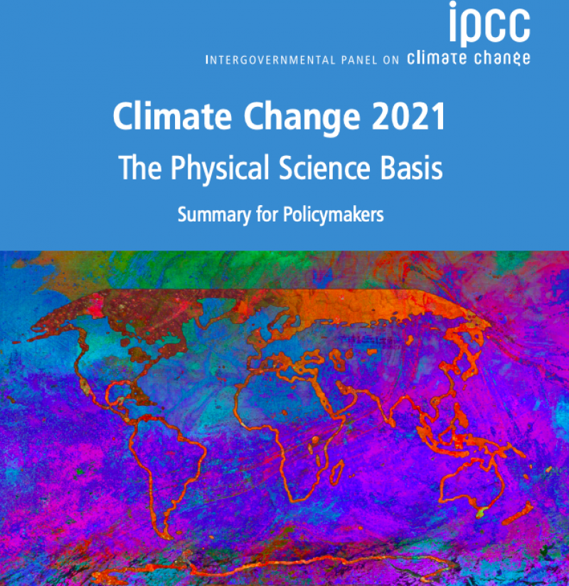 Climate Change 2021 IPCC Report with colorful image of lines that create Earth's country's borders superimposed over bright background