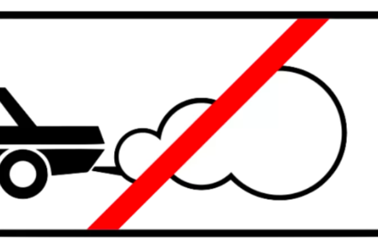 Drawing of car with large smoke cloud coming out of exhaust with red line drawn through it