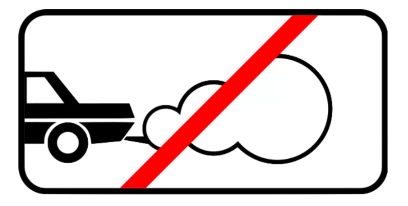 Drawing of car with large smoke cloud coming out of exhaust with red line drawn through it