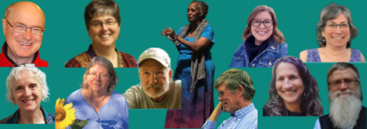 Turquoise background with faces of 11 people