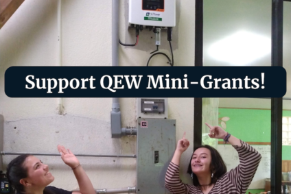 Two teenagers point at solar inverter with text "Support QEW Mini-Grants