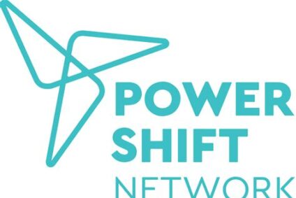 Power Shift Network logo, teal lettering with three entwined triangles