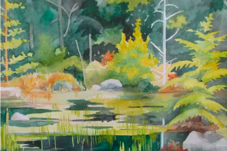 Painting of meadow and green lake
